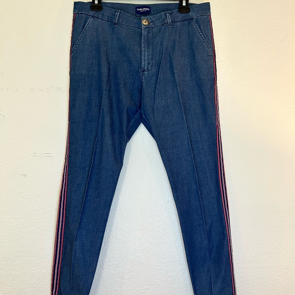 Carla Kops Paris Denim Trousers with Red Side Stripe Accents